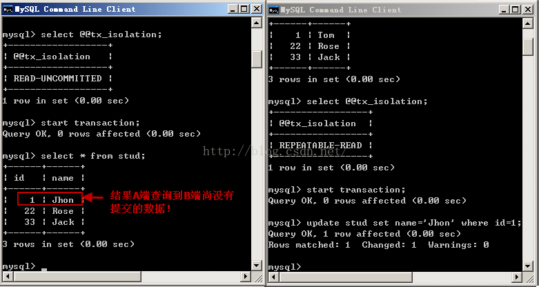 mysql 详解隔离级别操作过程(cmd)