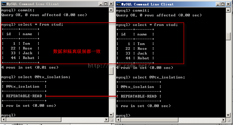 mysql 详解隔离级别操作过程(cmd)