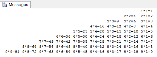 sql语句实现四种九九乘法表